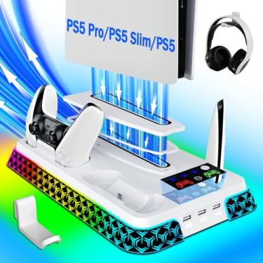 Imagem de LHFDIAN PS5/Slim/Pro Stand and Cooling Station with LED Controller Charging Station for PlayStation 5 Console,Accessories Incl.Controller Charger,PS5 Cooling Fan,Headset Holder,3 USB Hubs(Upgraded)