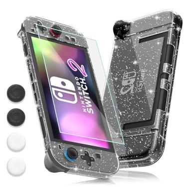 Imagem de FUNDIARY Glitter Clear Protective Case Compatible with Switch 2, Shockproof Accessories with Hard PC Cover Skin Case, Screen Protector and 4 Thumb Caps for Switch 2 Game Storage & Joycon Controller