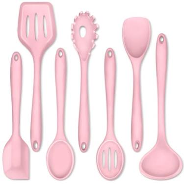 Imagem de P&P CHEF Conjunto de 7 utensílios de cozinha de silicone, à prova de calor, para panelas antiaderentes, espátula antiaderente, espátula com fenda, concha de sopa, servidor de macarrão, colher para
