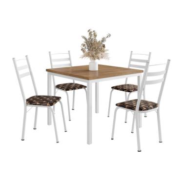 Imagem de Conjunto de Mesa Quadrada com Tampo MDP e 4 Cadeiras Adriana Revestimento Sintético Palha e Branco