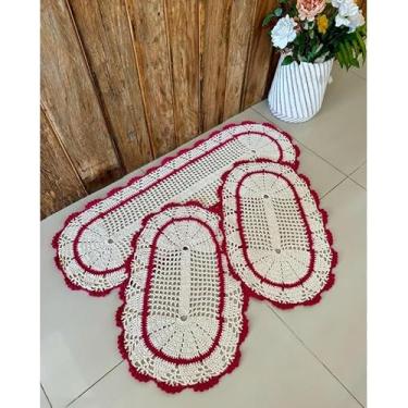 Imagem de Kit Tapete e Passadeira Cozinha Oval 3 Pçs Leque Com Listra (Pink)