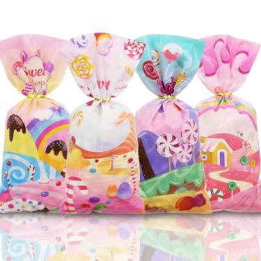 Imagem de 50 sacos de celofane sacos de plástico para presente de celofane saco de guloseimas com laços torcidos, estampa de doces arco-íris para crianças, meninas, aniversário, chás de bebê, lembrancinhas de