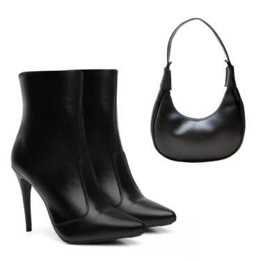Imagem de Kit Bota Feminina Bico Fino Anna Andrade Cano Médio Salto Alto Lisa Tendência e Bolsa Preto  feminino