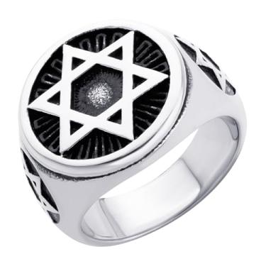 Imagem de 555Jewelry Anel masculino de aço inoxidável, hexagrama de seis pontas, estrela de Davi, anel grande com sinete redondo | Tamanho EUA 8-13, Aço inoxidável, Sem pedra preciosa
