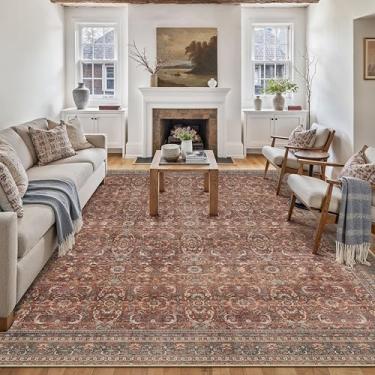 Imagem de HUGEAR Tapete de área, 15 x 23 cm, vintage, vermelho tijolo, lavável à máquina, tapetes para sala de estar, tapetes para sala de estar, retrô, floral, aspirável, quarto, escritório, sala de jantar