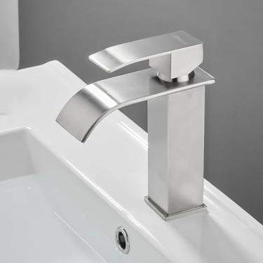 Imagem de Torneiras Em Cascata Para Pia De Banheiro Torneira De Pia De Aço Inoxidável Escovado Torneira De Pia De Cachoeira Torneiras Misturadoras De Pia De Banheiro De Alça única Torneiras De Pia De