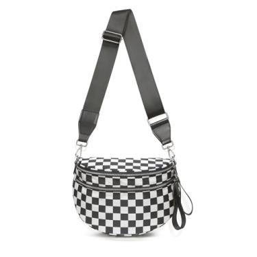 Imagem de DIOMO Bolsas femininas de nylon quadriculadas com zíper prateado, pochete de nylon plus size, bolsa de viagem, Xadrez preto e branco, Large