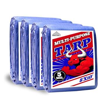 Imagem de Lona 2,4 x 3 m (pacote com 4) 100% à prova d'água, resistente a UV, alta durabilidade, multiuso, lona azul de 5 mil para cobrir pátios, carros, acampamento, jardins, ninhos de animais de estimação
