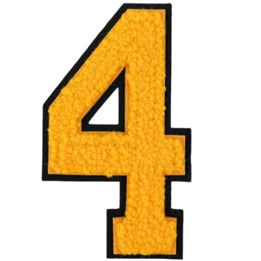 Imagem de 1 peça de adesivos de números de chenille amarelo de 10 cm, remendos de ferro para chapéus, roupas, bolsas, mochilas, jeans, par com remendos iniciais, letras grandes, acessórios DIY (amarelo 4)