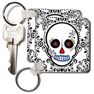 Imagem de 3dRose Day of the Dead Skull Día de los Muertos Sugar Skull Design de rolagem vermelho preto - chaveiros, 5,7 x 11,4 cm, conjunto de 2 (kc_28865_1)