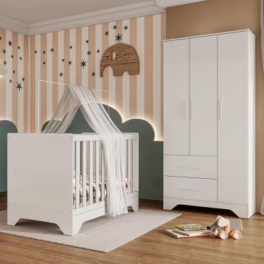 Imagem de Jogo De Quarto Infantil Popy Retrô Plus Guarda Roupa 3 Portas E Berço Branco Brilho - Móveis Peroba