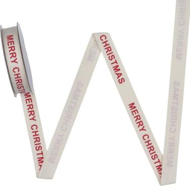 Imagem de YKW Fita de algodão Merry Christmas, fita de sarja natural de 5/20.3 cm x 10 jardas, acabamento em espinha de peixe creme para presentes de Natal, árvores de Natal e embrulho de celebração festiva