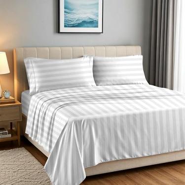 Imagem de Carressa Linen Lençóis 100% algodão egípcio - 1500 fios 4 peças Queen Damasco Conjunto de lençóis de algodão egípcio, lençóis de luxo de cetim tamanho Queen, lençol de alta contagem de fios, bolso