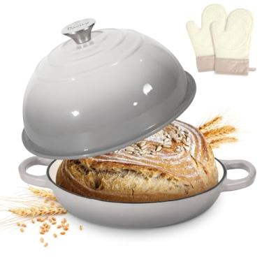 Imagem de Davivy Forma redonda de 25,4 cm com tampa abobadada, forno holandês esmaltado para assar pão fermentado 5,5 qt, assadeira de ferro fundido com tampa, com luvas de silicone - cinza claro