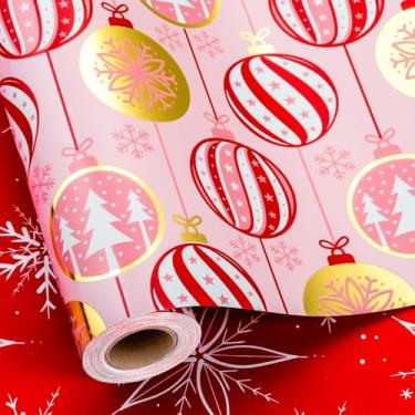 Imagem de Yarcony Papel de embrulho de Natal rosa, papel de embrulho de enfeite de bola, ornamento vintage de folha metálica, padrão de floco de neve, papel de presente de Natal para meninas, celebração (43 cm