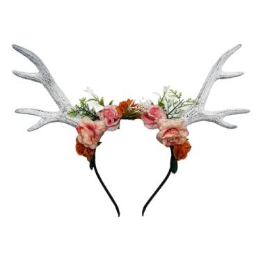 Imagem de ZHUIGUANGZE Tiara de chifres de veado com chifres de rena florestal e orelhas de cervo rosa para mulheres, Halloween, Natal, festa de cosplay (branco, médio)