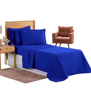 Imagem de Colcha Cocha Coxa Cobre Leito Jogo Roupa Cama Solteiro 2 Pçs Matelado Basico Simples Macio Fronha Azul