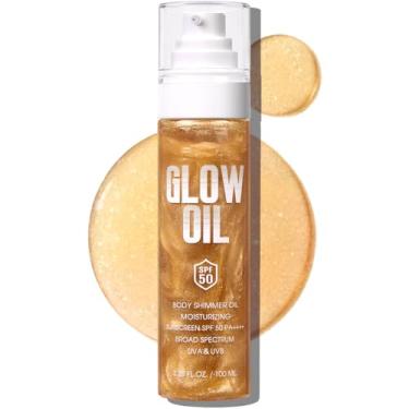 Imagem de Óleo de brilho corporal, FPS 50 de amplo espectro, protetor solar com glitter, loção corporal com lantejoulas mica, hidratante leve e não pegajoso com coco, iluminador de pele com resultados