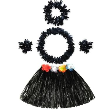 Imagem de Conjunto de festa havaiana Luau, saia de hula de grama com faixa de cabeça de flor Lei, colar, pulseiras, fantasia de Halloween de praia tropical (preto)