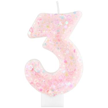 Imagem de iNINGER Velas com número de aniversário, número 3 com glitter rosa, topo de bolo com velas de aniversário para meninas e mulheres, lembrancinhas de aniversário