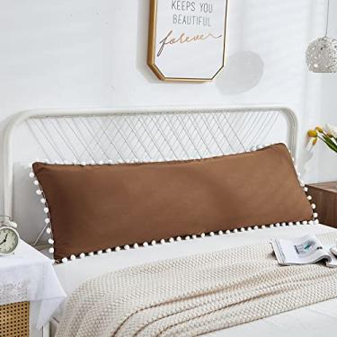 Imagem de Capa de travesseiro de corpo marrom 51 x 132 cm capa de travesseiro de corpo bonito pompons design de franja boho chique decoração longa capa de travesseiro com fecho de bolso