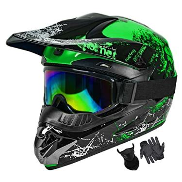 Imagem de SanQing Capacete de Motocross Fashion Youth Kids Dirt Bike Capacete Unissex Adulto Dirt Bike Off-Road Mountain Bike Capacete de Motocicleta Aprovado pelo DOT (Luvas Óculos Óculos Face Shield) Conjunto de 4 peças (Verde, Grande)