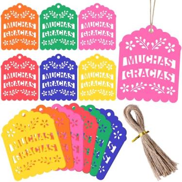 Imagem de Fuyoooo 60 peças de etiquetas de presente de papel picado Fiesta para lembrancinhas de festa, 6 cores com cordão para festas temáticas mexicanas, casamentos mexicanos, noivas e chás de bebê