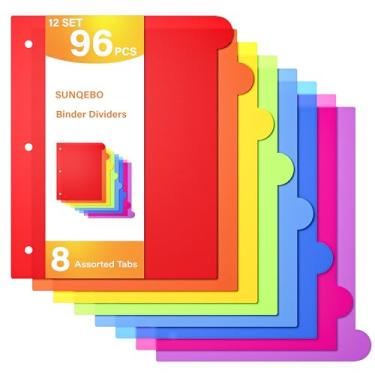 Imagem de SUNQEBO Divisórias de fichário duráveis com abas, conjunto de 8 abas coloridas sortidas, divisórias de plástico para organizador de fichário de 3 anéis, 96 divisórias de arquivo, multicolorido