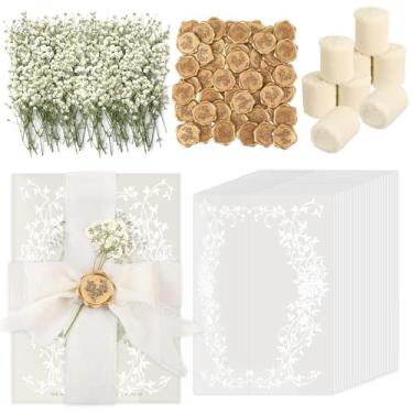 Imagem de Dadoudou Jaquetas de veludo para convites de 12 x 18 cm, pacote com 50 envelopes de convites de casamento, floral, velino, 5 x 7, acessórios para convites de casamento, adesivos de selo de cera DIY