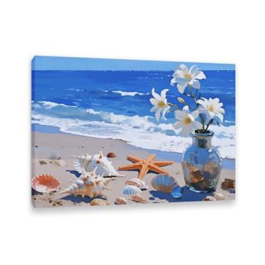 Imagem de SDYJ6GSW Arte de parede de banheiro, decoração costeira, concha, flores, praia, tela, imagem, paisagem marítima, arte para decoração de parede de quarto à beira-mar, sala de estar (56 x 40 cm)