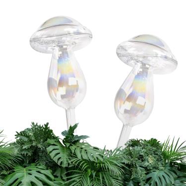 Imagem de Funnytek Globos de irrigação de plantas - 2 peças de lâmpadas de água iridescentes de vidro arco-íris cogumelo pontas autoirrigáveis inserção de plantas, dispositivos automáticos para plantas internas