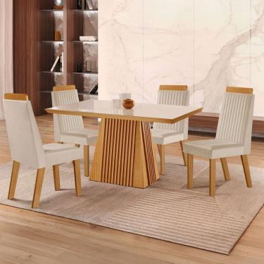 Imagem de Mesa de Jantar 4 Lugares áustria Ripado com Vidro Castanho/Cinamomo/Suede Creme - Lj Móveis
