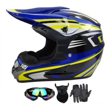 Imagem de Capacetes infantis de motocross, motocicletas, BMX, quadriciclos, off-road, quatro rodas, capacetes de rosto inteiro para bicicleta Moutain aprovados por pontos (luvas de proteção facial) (CX-azul