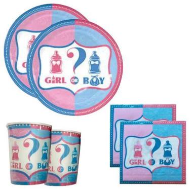 Imagem de Kit 60 Convidado Pratos Copos Guardanapo Papel Chá Revelação