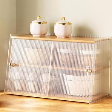 Imagem de Armário De Armazenamento De Despensa De Cozinha Para Bancada, Armário Organizador Multiuso Com 2 Portas De Acrílico Listradas Deslizantes, Despensa De Alimentos De Balcão De Mesa, Yellow, A