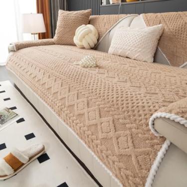 Imagem de vctops Capa de sofá de pelúcia Jacquard com cabo boho felpudo para cães capa macia antiderrapante para sofá protetor de móveis para crianças, animais de estimação (camelo, 91 cm x 178 cm)