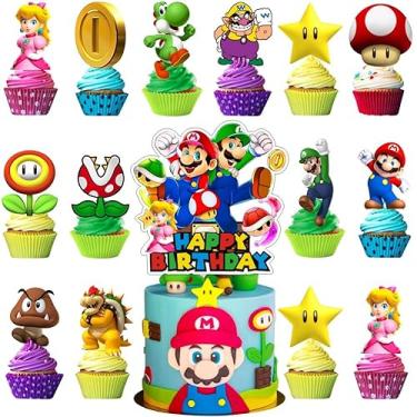 Imagem de 25Pcs Mario Cake Decorations with 24pcs Cupcake Toppers, 1pcs Big Cake Topper for Mario Birthday Party Supplies