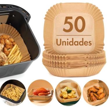 Imagem de Kit com 50 Formas De Papel Para AirFryer Descartável Quadrada Antiaderente Premium Protetor à Prova De Gordura Para Fritadeira Sem Óleo Tamanho Universal Compatível com Todas Fritadeiras Air Fryer
