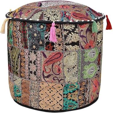 Imagem de The Harry Creations Nova almofada decorativa de patchwork confortável indiano otomano étnico algodão pufe capa de pufe bordada no chão preta, 45,7 cm x 33 cm