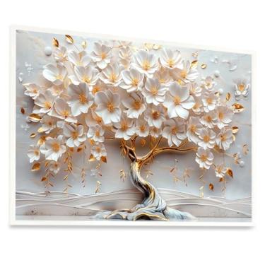 Imagem de Quadro Decorativo Árvore da Vida Flores Vidro 63x43cm Moldura Branca