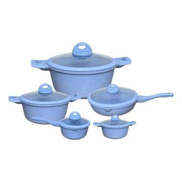 Imagem de Conjunto de Panelas Ceramica Antiaderente Jogo de 5 Peças Granito Serve Para Fogão Indução, Fogão a Gás - Cor Azul