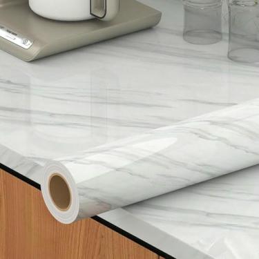 Imagem de ESSMOKO Papel de parede com textura de mármore impermeável PVC autoadesivo para sala de estar, quarto, banheiro, cozinha branco 45 * 500 cm