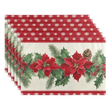 Imagem de Conjunto de 6 jogos americanos florais de poinsétia de Natal, antiderrapantes, laváveis, tapetes de mesa de cozinha, folhas de pinheiro, para decoração de mesa de Natal, festa interna e externa, 30 x