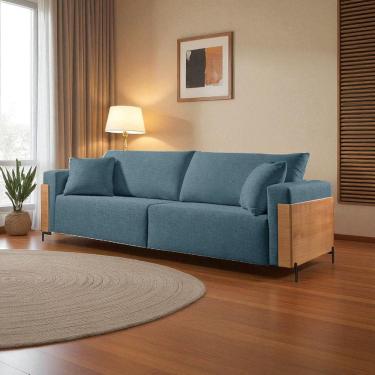 Imagem de Sofá Fixo Heitor 4 Lugares Luxo Pé de Metal 2,80m Castellar Móbile Linho Azul