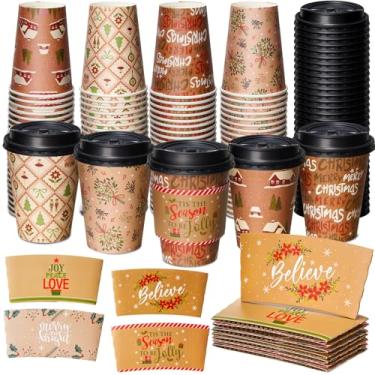 Imagem de Yungyan Pacote com 100 xícaras de café descartáveis de Natal de 340 g com tampas e mangas de papel isolado com tampas e mangas para suprimentos de festa de chocolate quente de Natal (Kraft)