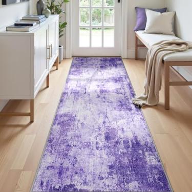 Imagem de RELEANY Tapetes laváveis de 6 x 20 cm, antiderrapante, moderno, abstrato, macio para sala de estar, entrada, quarto, berçário, estampa impressa, roxo, cinza, rosa, branco