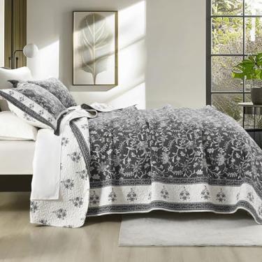 Imagem de DDUOXIN Conjunto de colcha Farmhouse Botanical Queen – Colchas 100% algodão com 2 fronhas, conjunto de cama leve de 3 peças para todas as estações, preto carvão/branco, Queen (228 cm L x 248 cm C)