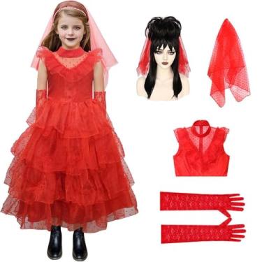 Imagem de QSLWcos Vestido de noiva cadáver para meninas, sumo vermelho, fantasia de fantasma gótico, vestido de noiva com véu, perucas de Halloween, cosplay, Vermelho, 150