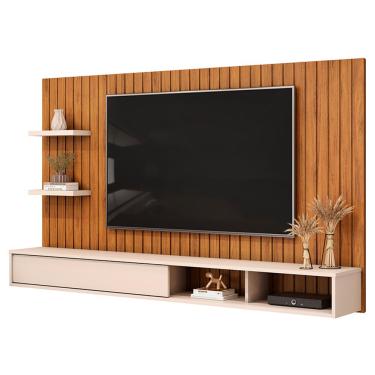 Imagem de Painel Ripado TV 60 Pol com Bancada Suspensa 179cm Joan D05 Freijó Off White - Lyam Decor