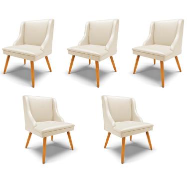 Imagem de Kit 5 Cadeiras Decorativas Sala de Jantar Pés Palito de Madeira Firenze PU Bege/Natural G19 - Gran Belo